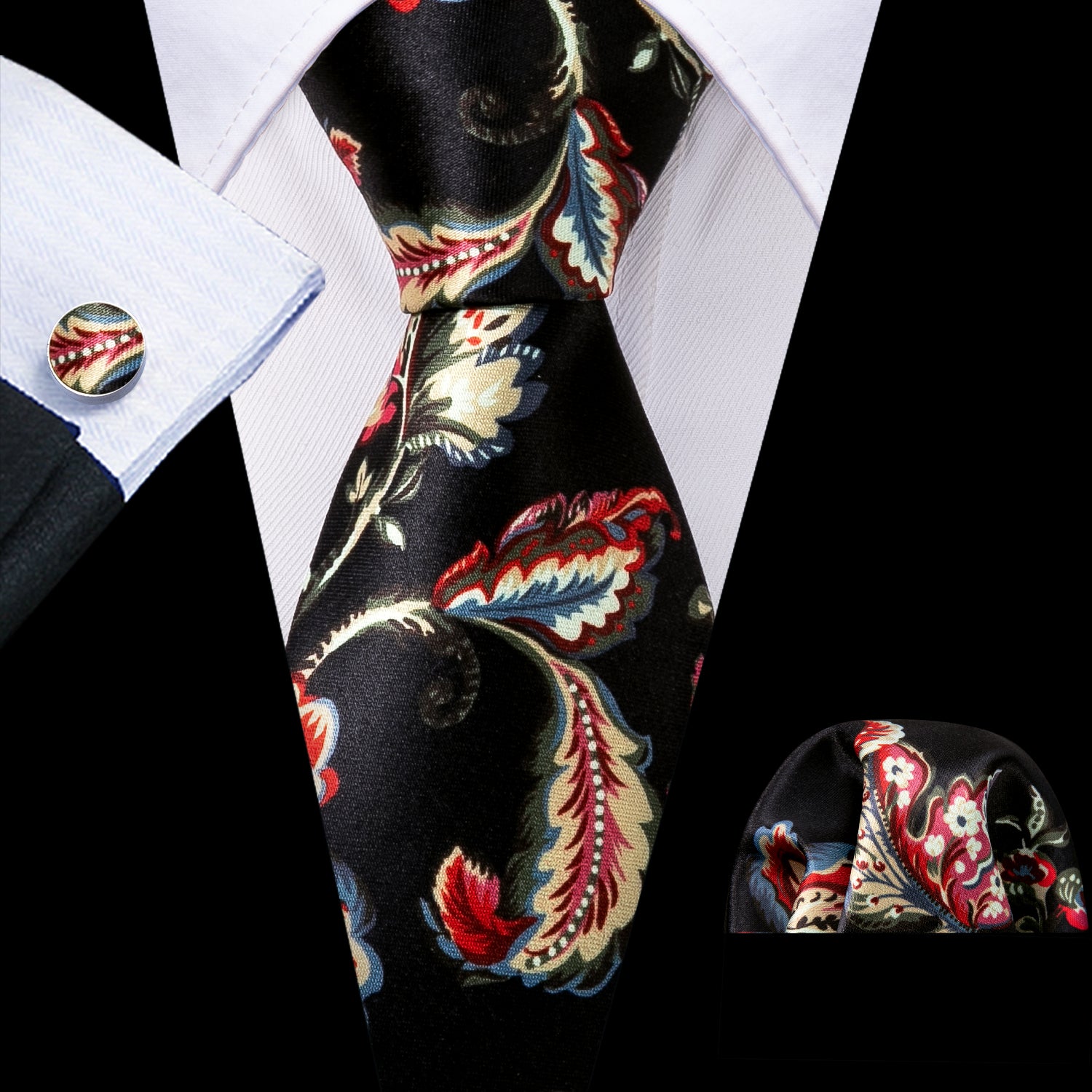 Black Novelty Leaves Silk Tie Hanky Cufflinks Set