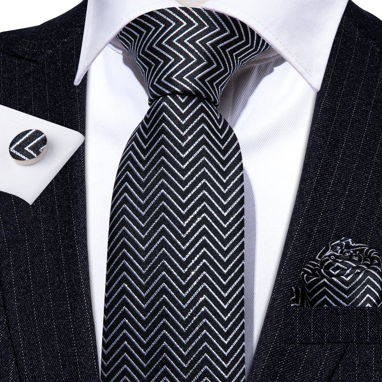 Barry.Wang New Black White Striped Tie Handkerchief Cufflinks Set