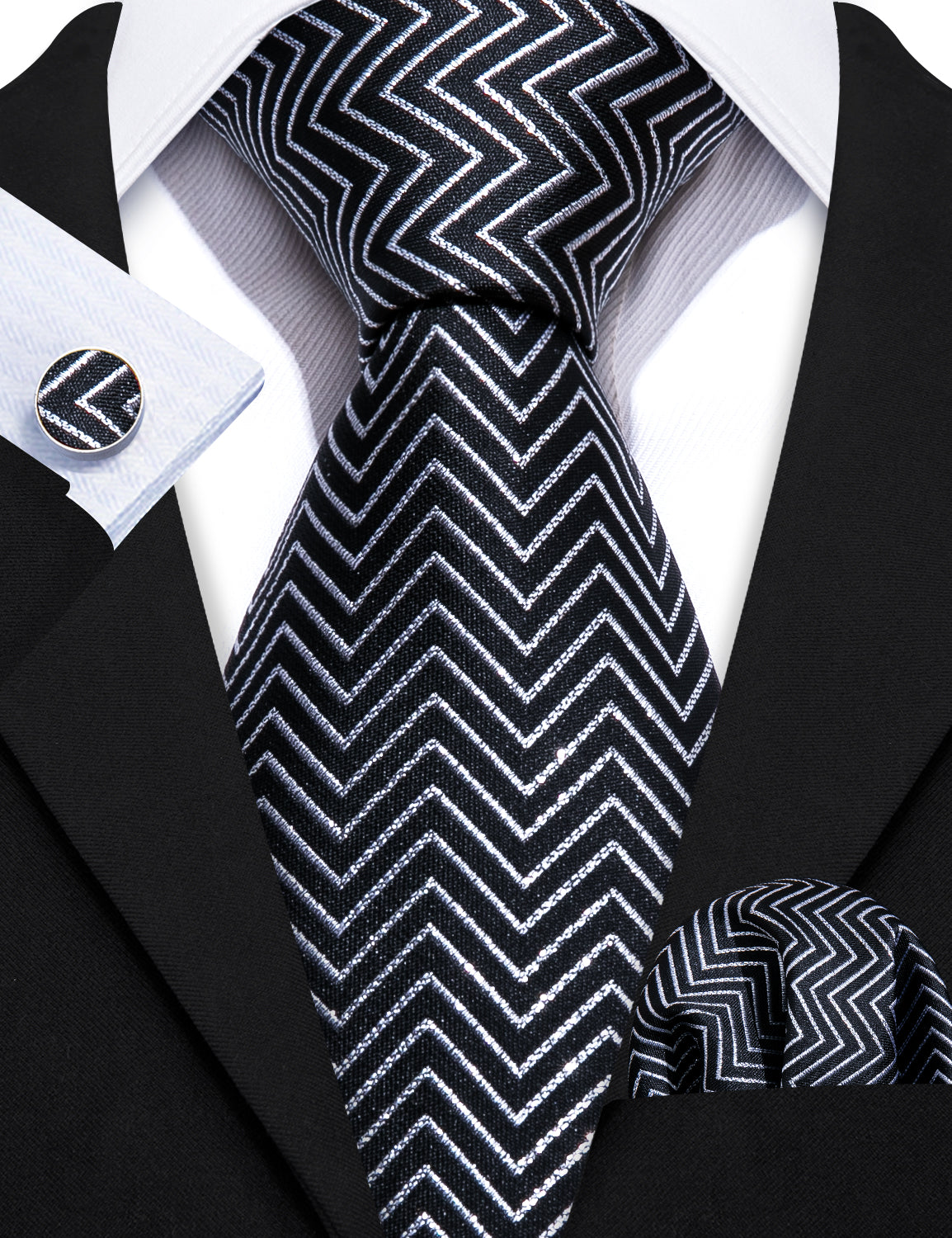 Barry.wang Black Tie White Striped Tie Handkerchief Cufflinks Set