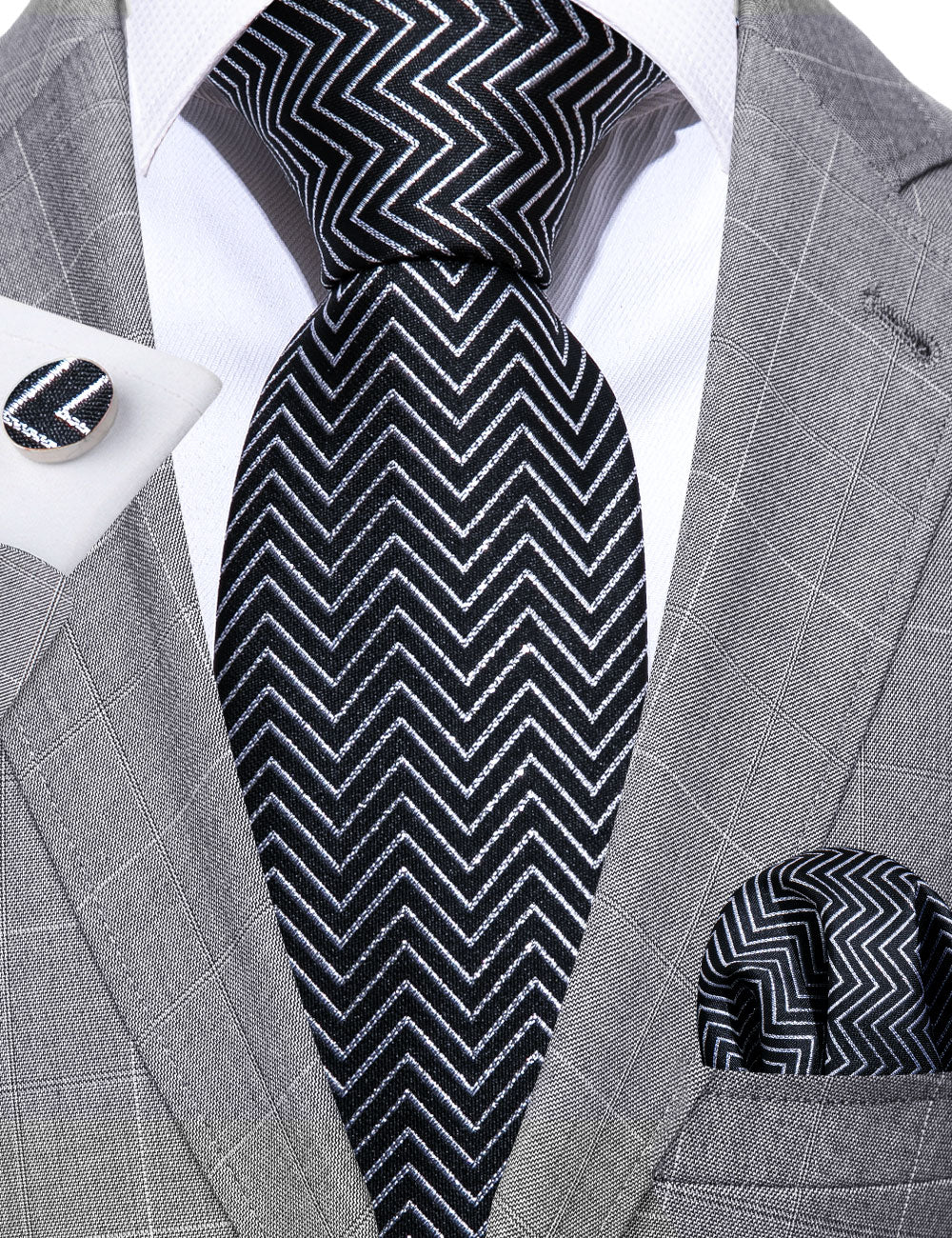 Barry.Wang New Black White Striped Tie Handkerchief Cufflinks Set