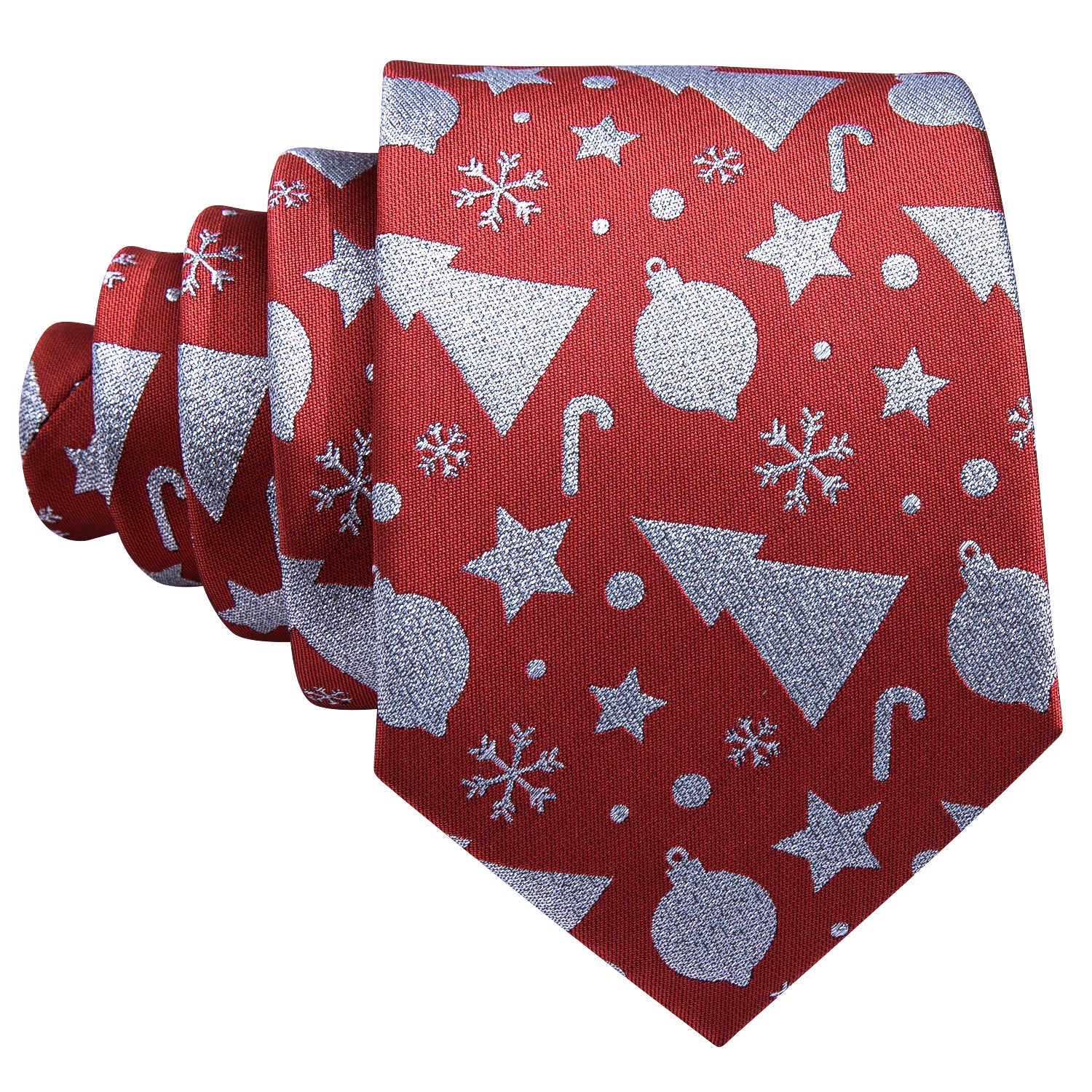 Christmas Red Silver Floral Silk Men's Tie Pocket Square Cufflinks Set