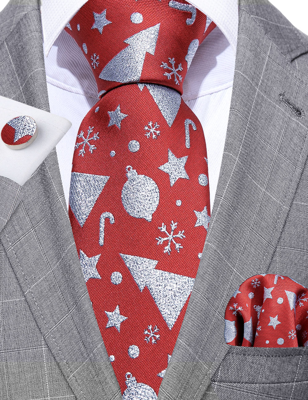 Christmas Red Silver Floral Silk Men's Tie Pocket Square Cufflinks Set
