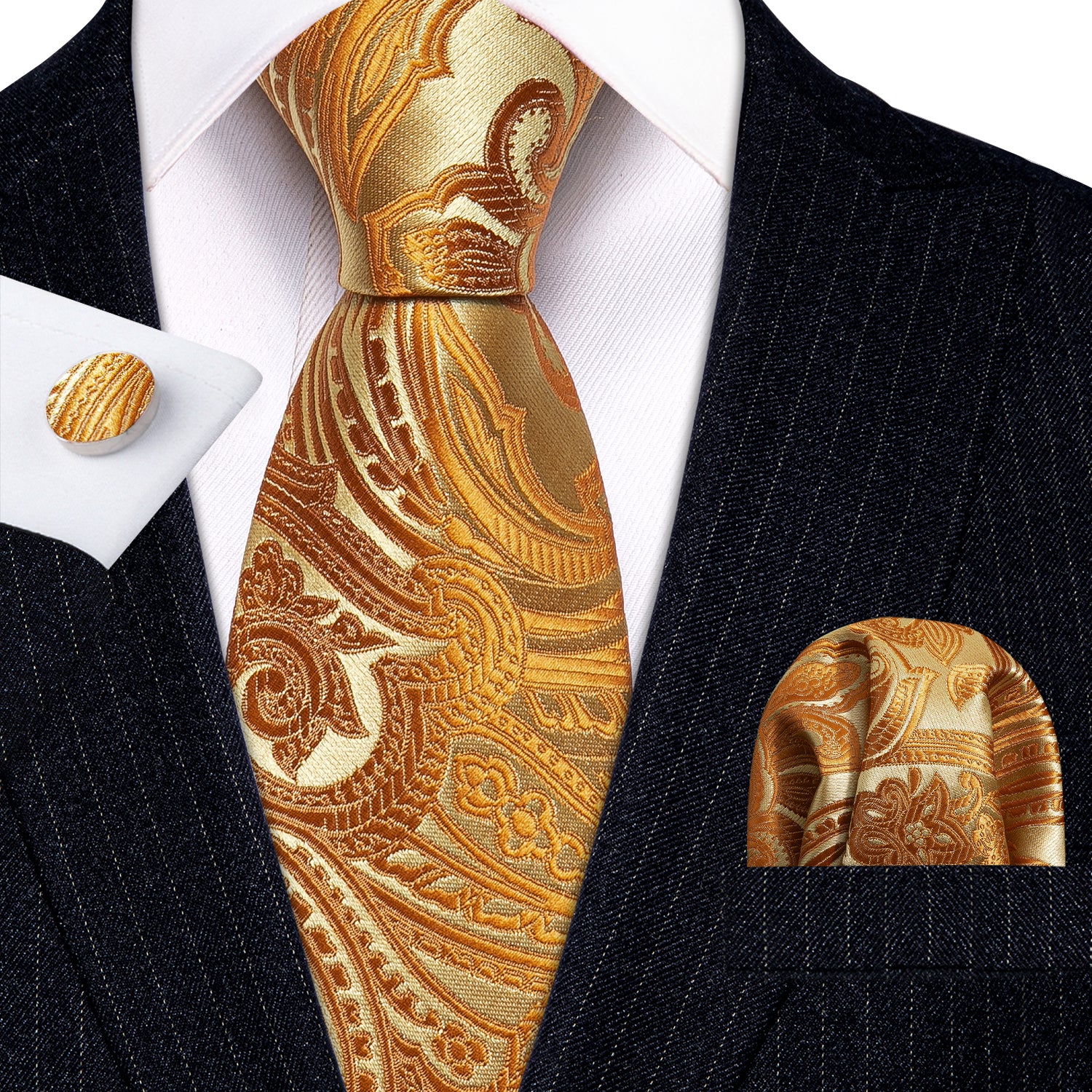 Yellow Paisley Mens Silk Wedding Tie Hanky Cufflinks Set