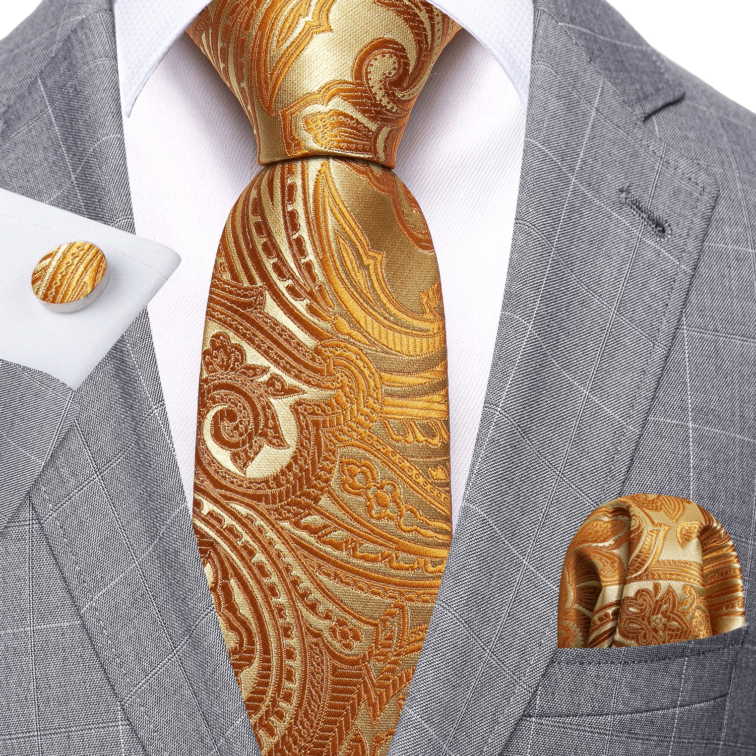 Yellow Paisley Mens Silk Wedding Tie Hanky Cufflinks Set