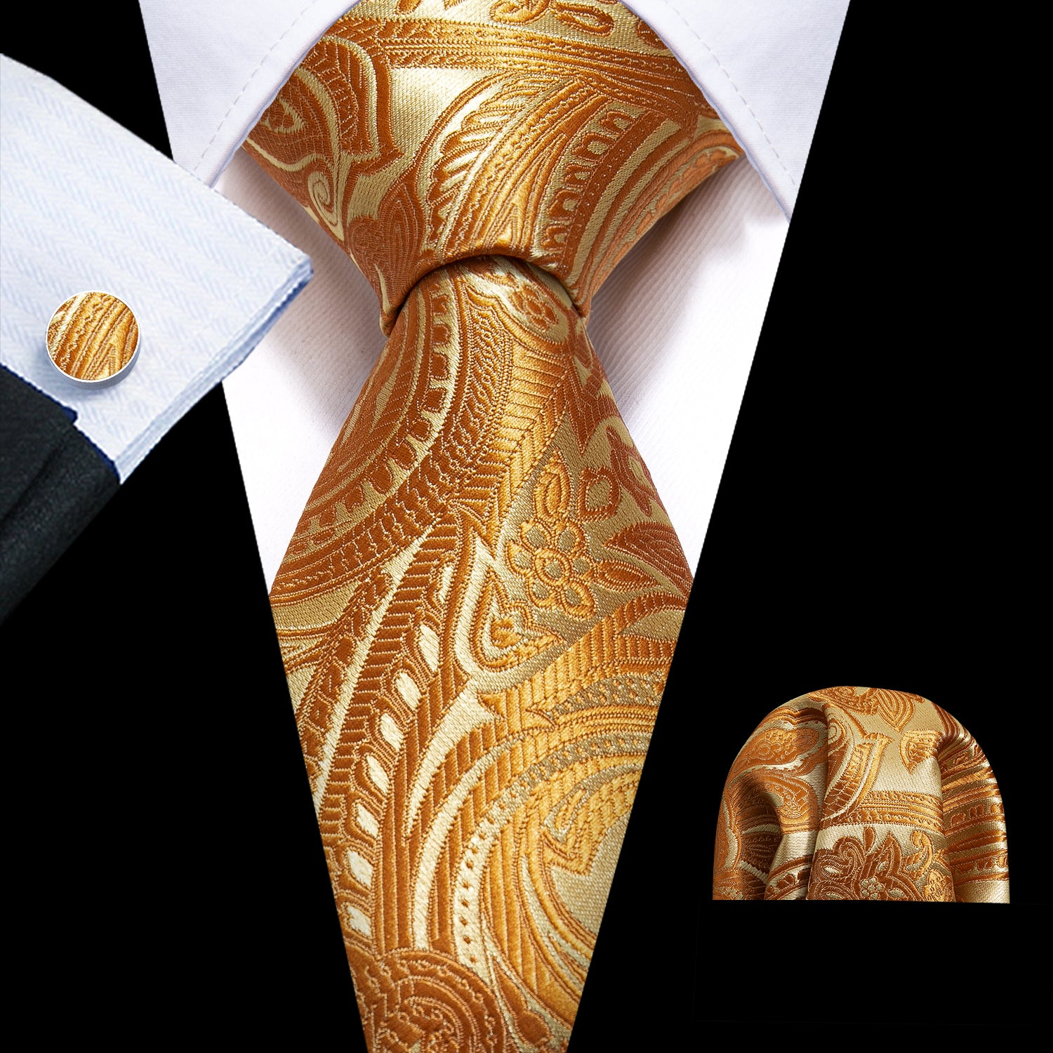 Yellow Paisley Mens Silk Wedding Tie Hanky Cufflinks Set