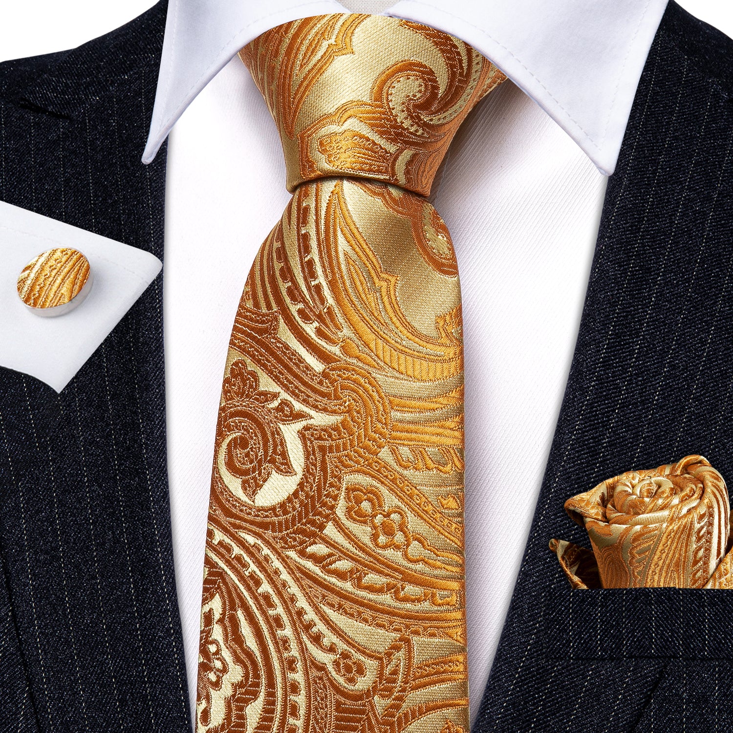 Yellow Paisley Mens Silk Wedding Tie Hanky Cufflinks Set