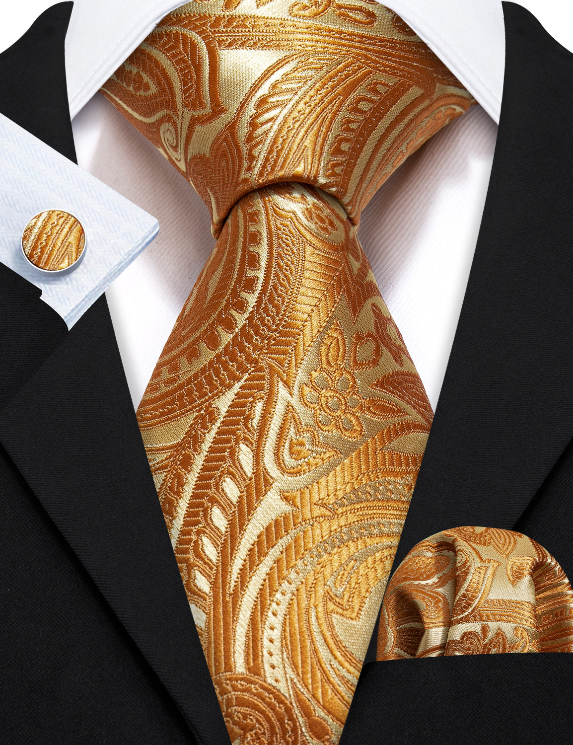 Yellow Paisley Mens Silk Wedding Tie Hanky Cufflinks Set