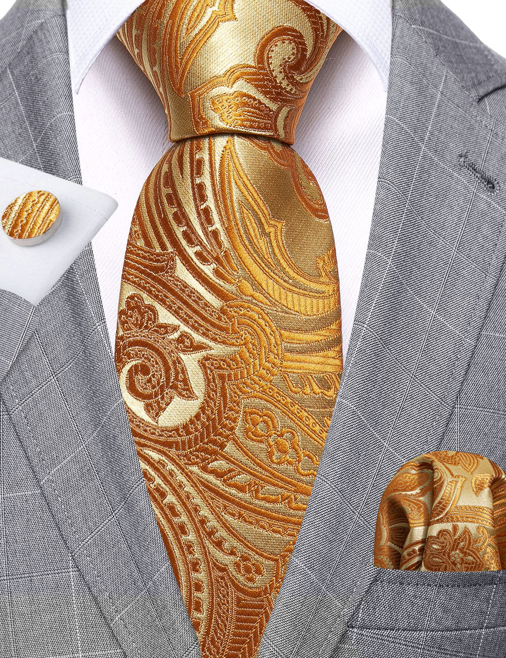 Yellow Paisley Mens Silk Wedding Tie Hanky Cufflinks Set