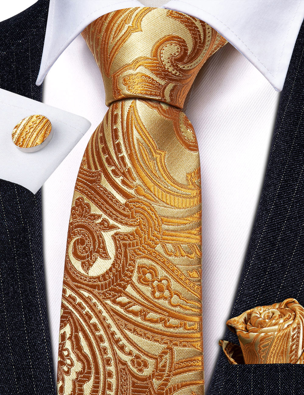 Yellow Paisley Mens Silk Wedding Tie Hanky Cufflinks Set