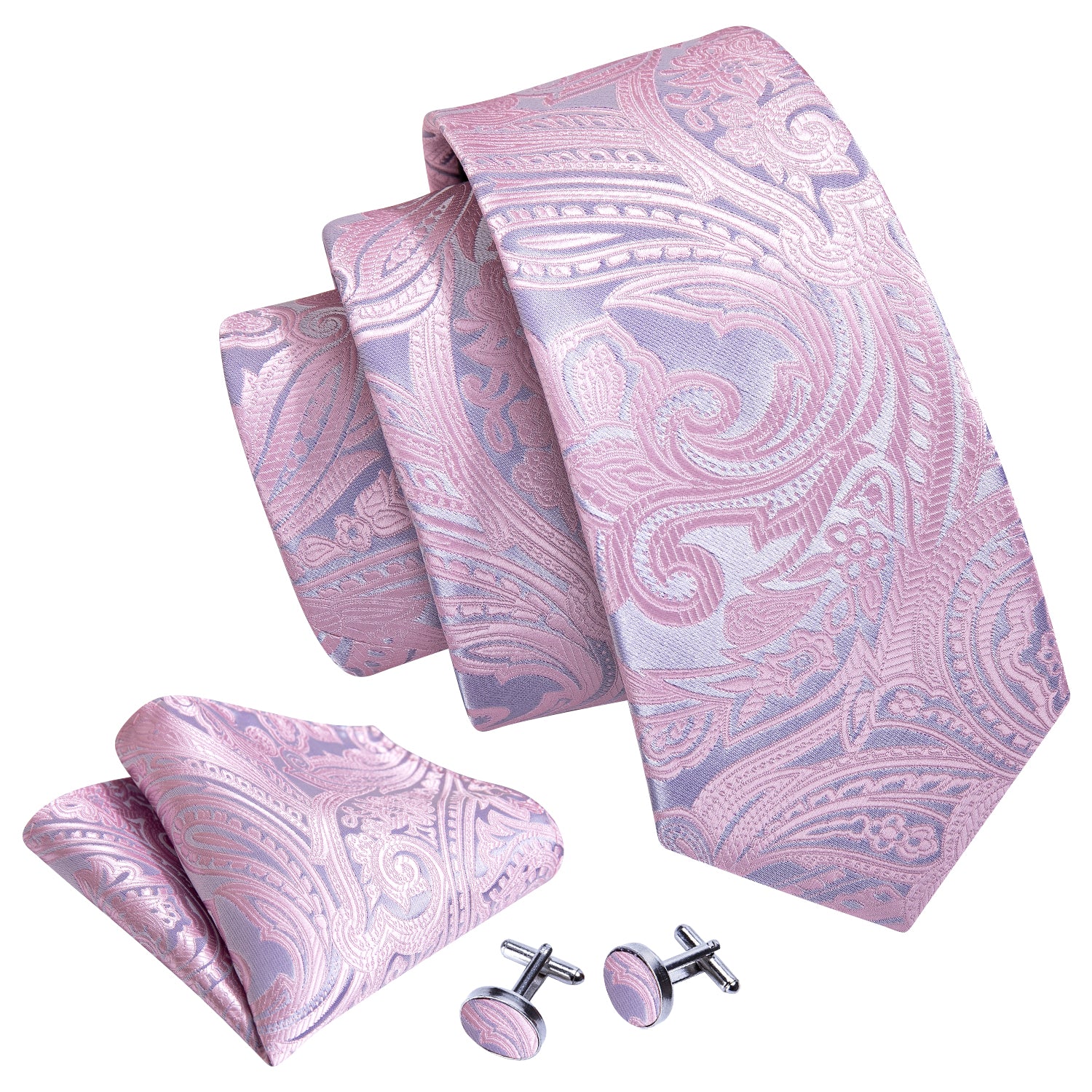 Light Pink Ties Silver Paisley Silk Tie Hanky Cufflinks Set