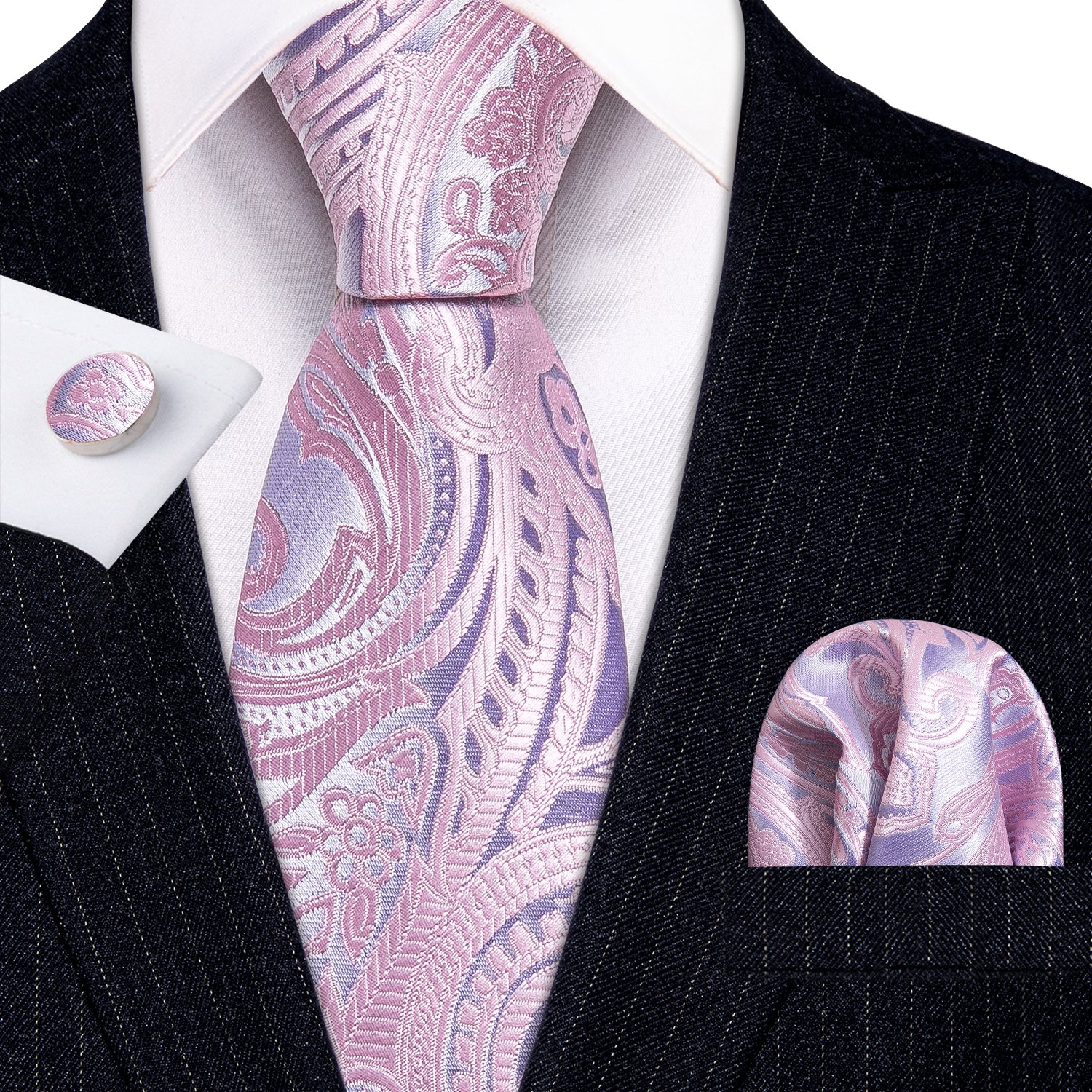  Light Pink Ties Silver Paisley Silk Tie Hanky Cufflinks Set