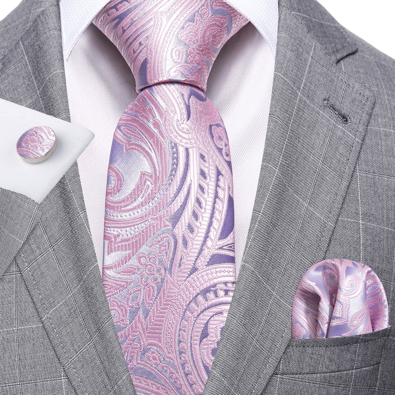  Light Pink Ties Silver Paisley Silk Tie Hanky Cufflinks Set