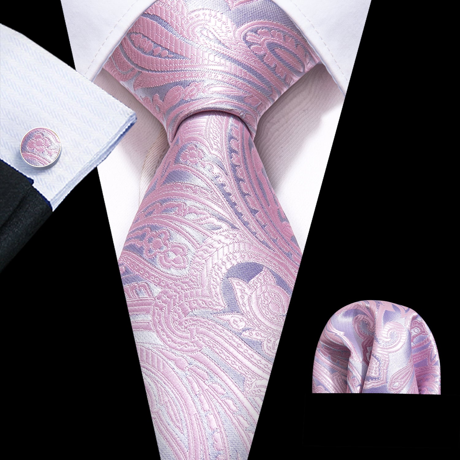 light Pink Paisley Silk Tie Hanky Cufflinks Set