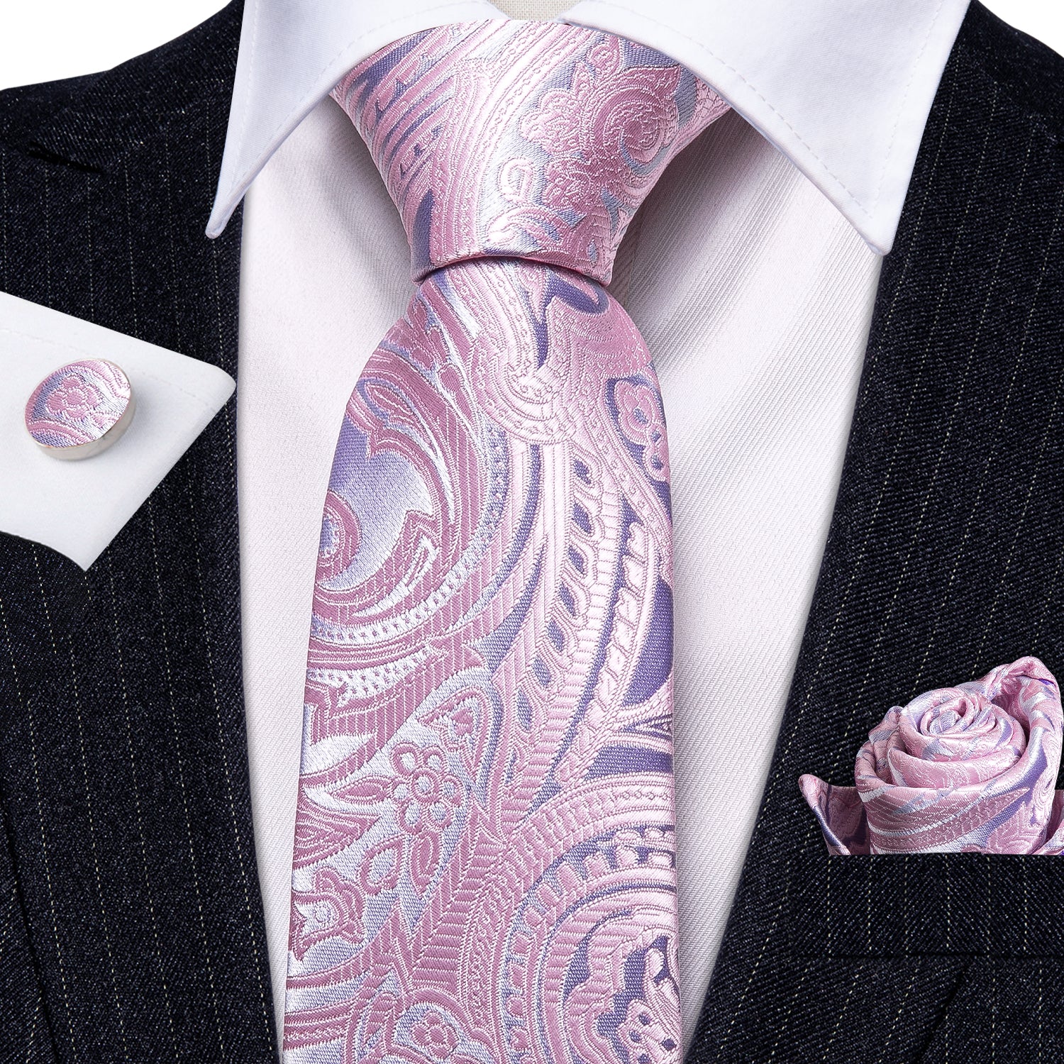  Light Pink Ties Silver Paisley Silk Tie Hanky Cufflinks Set