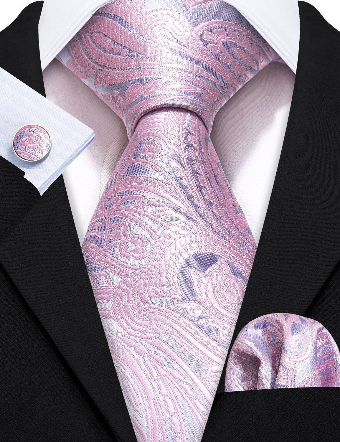  Light Pink Ties Silver Paisley Silk Tie Hanky Cufflinks Set