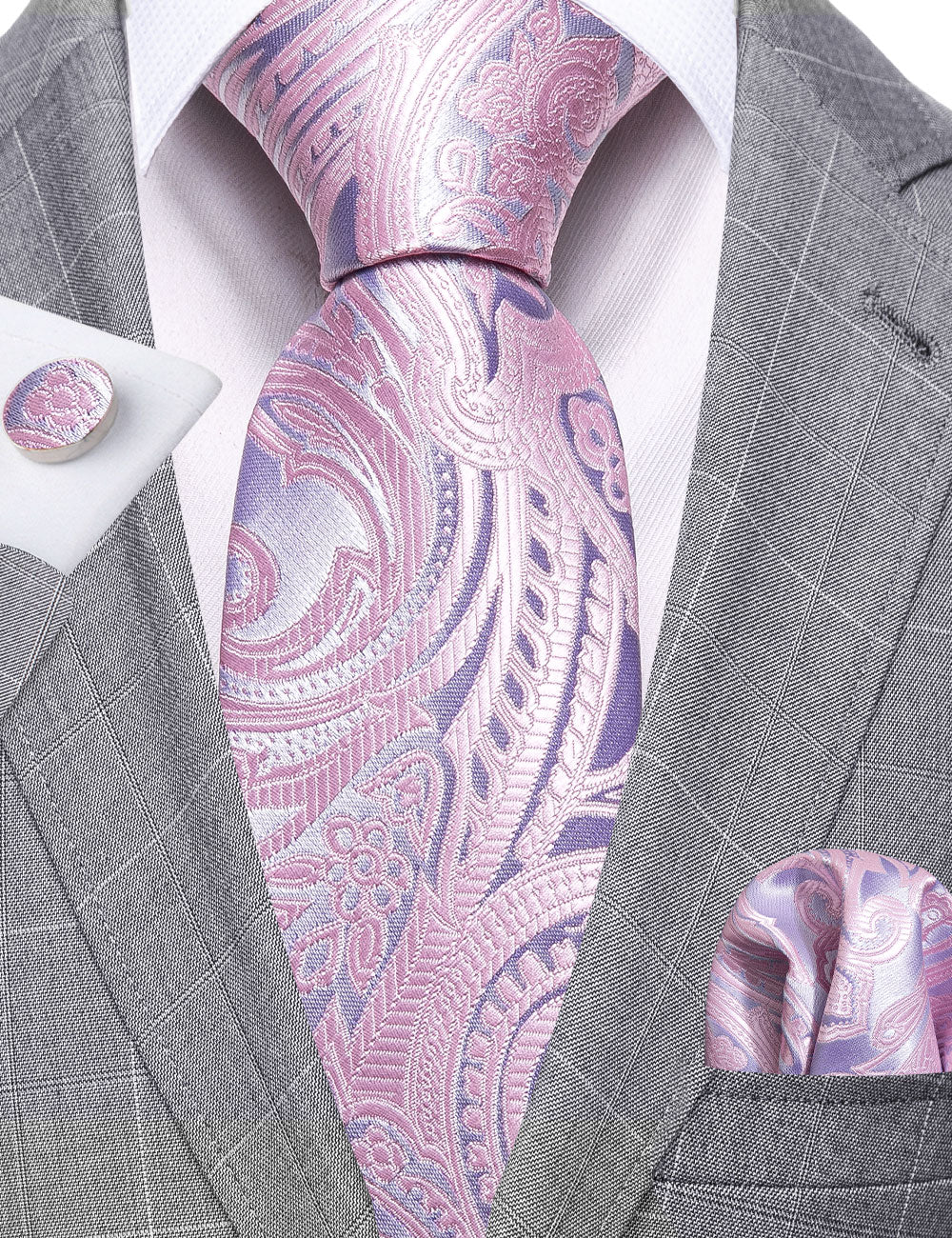  Light Pink Ties Silver Paisley Silk Tie Hanky Cufflinks Set