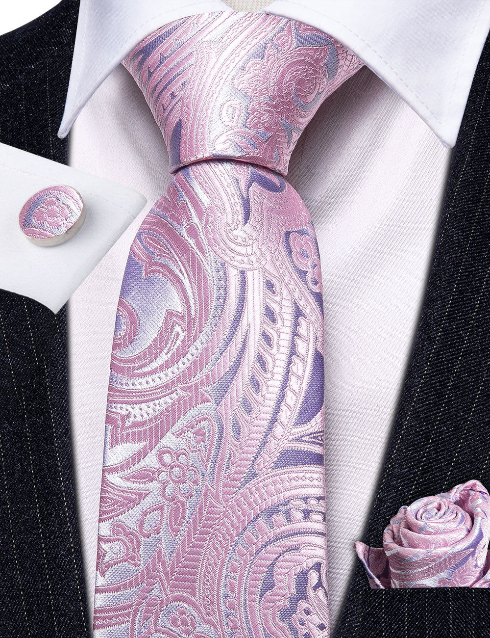  Light Pink Ties Silver Paisley Silk Tie Hanky Cufflinks Set