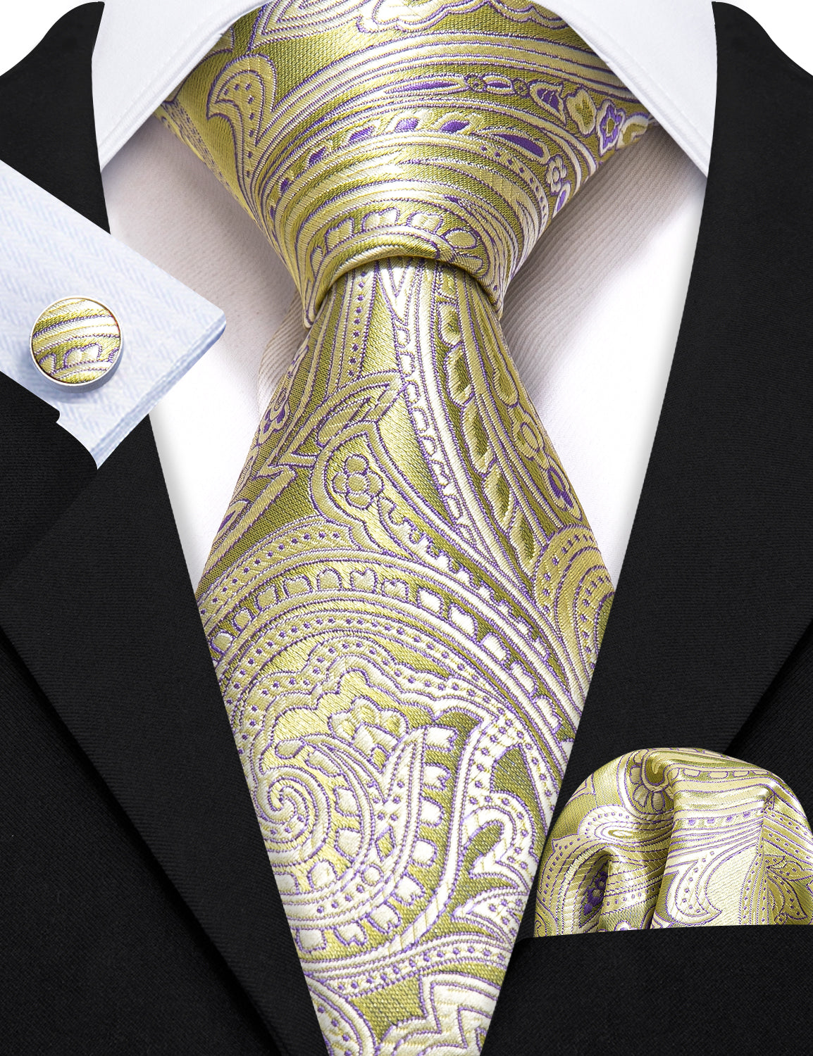 boss tie solid black suite and yellow paisley necktie