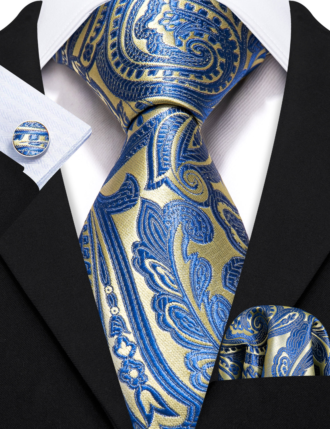 New Blue Yellow Paisley Silk Tie Hanky Cufflinks Set