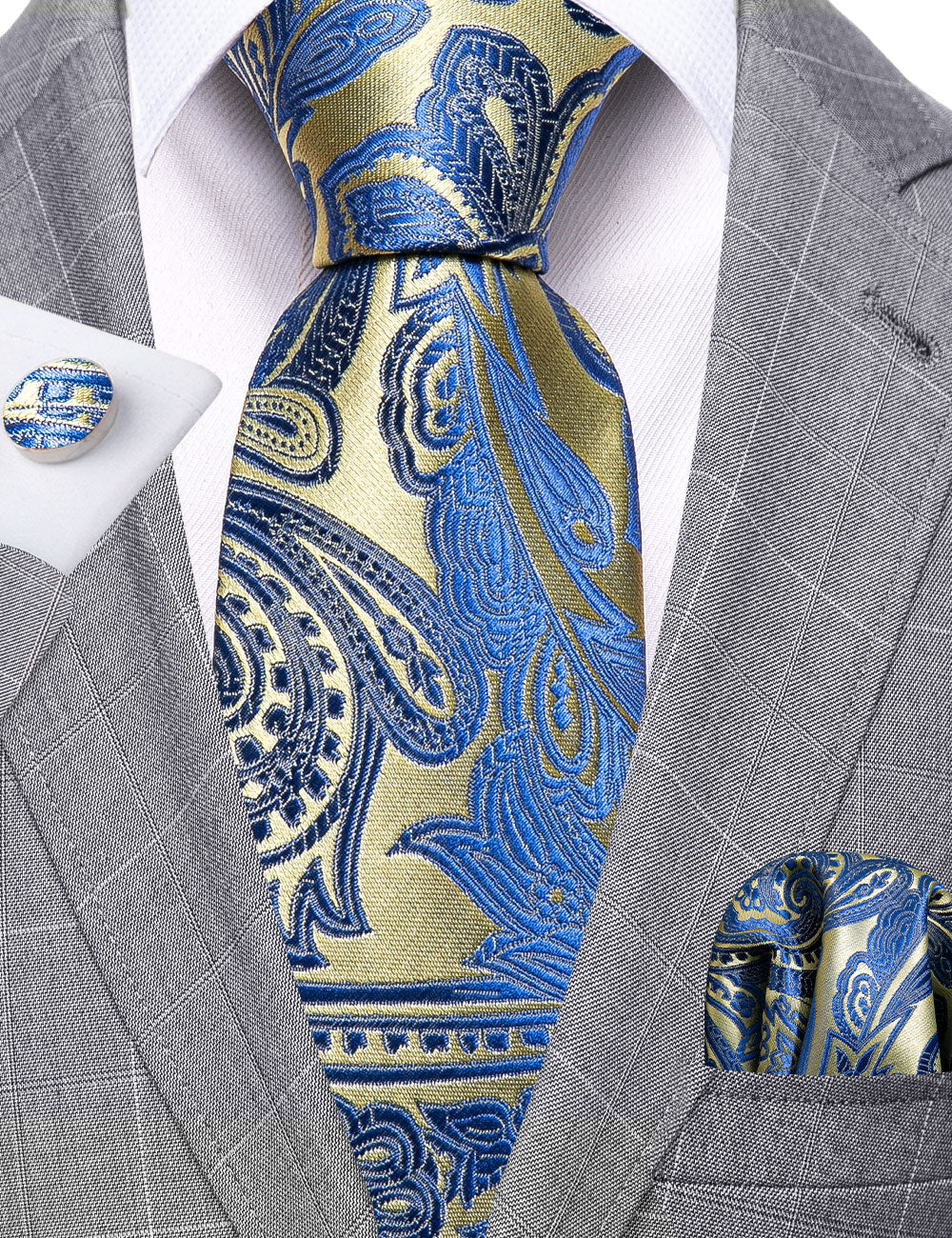 New Blue Yellow Paisley Silk Tie Hanky Cufflinks Set