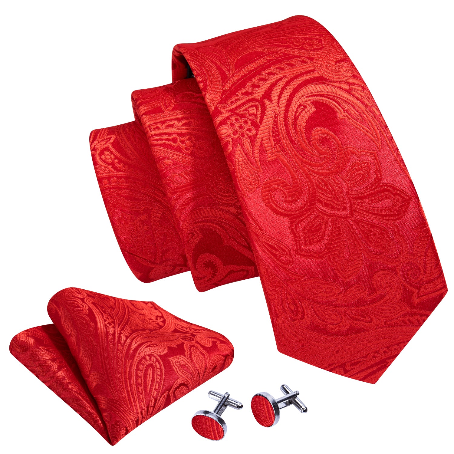 Barry. Wang Necktie Red Paisley Silk Tie Hanky Cufflinks Set for Men
