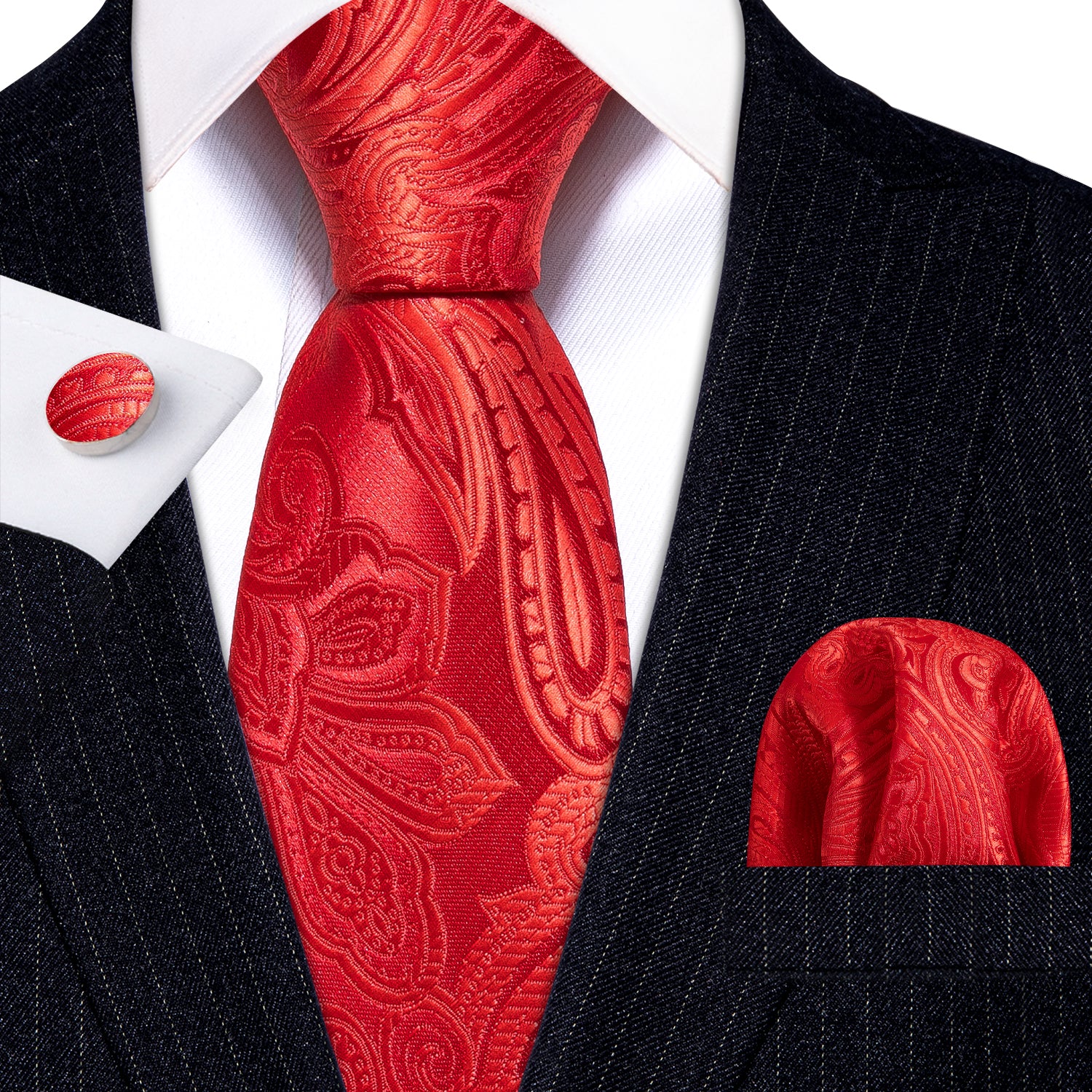 New Red Paisley Silk Tie Hanky Cufflinks Set