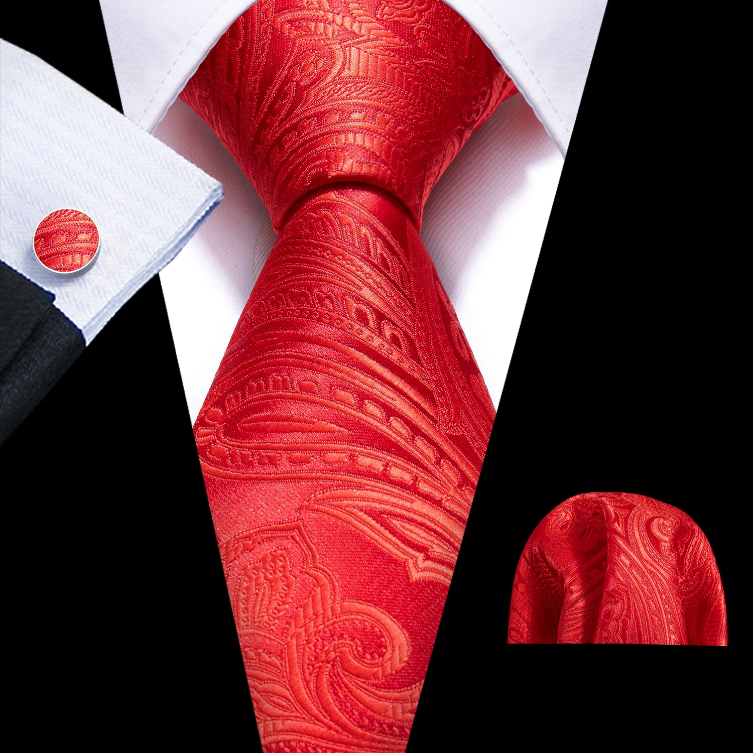 Red Paisley Silk Tie Hanky Cufflinks Set