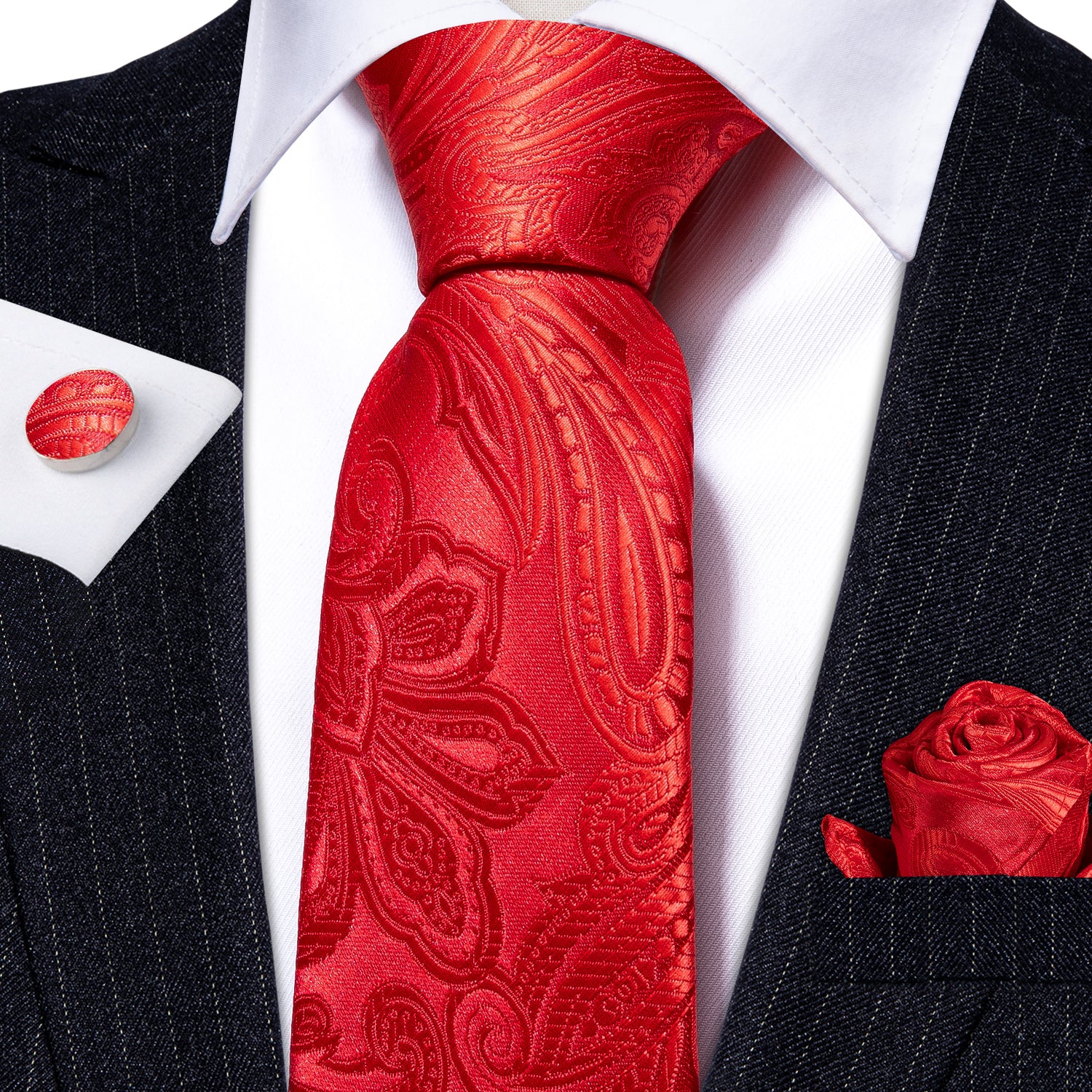 black suit red tie red neck tie