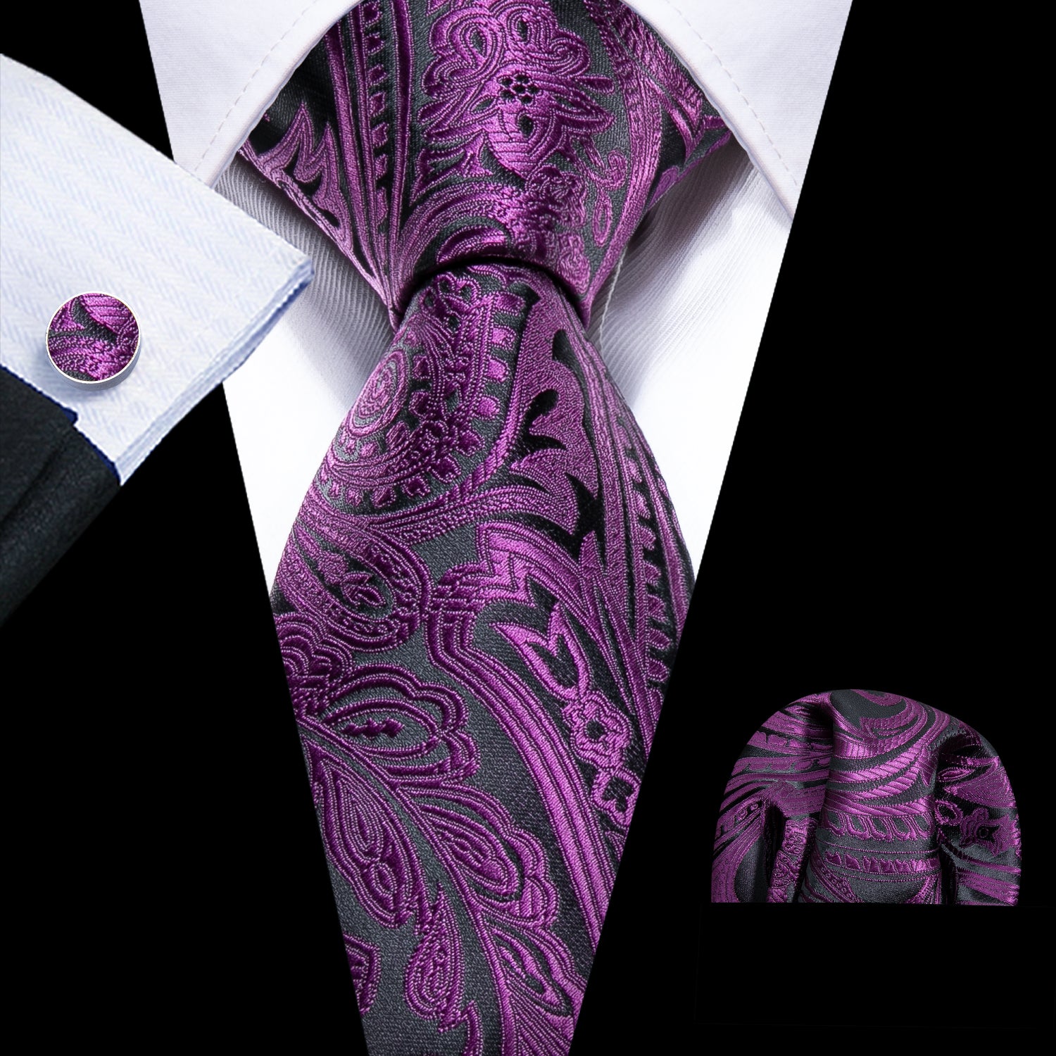 Black Purple Paisley Silk Necktie Pocket Square Cufflinks Set
