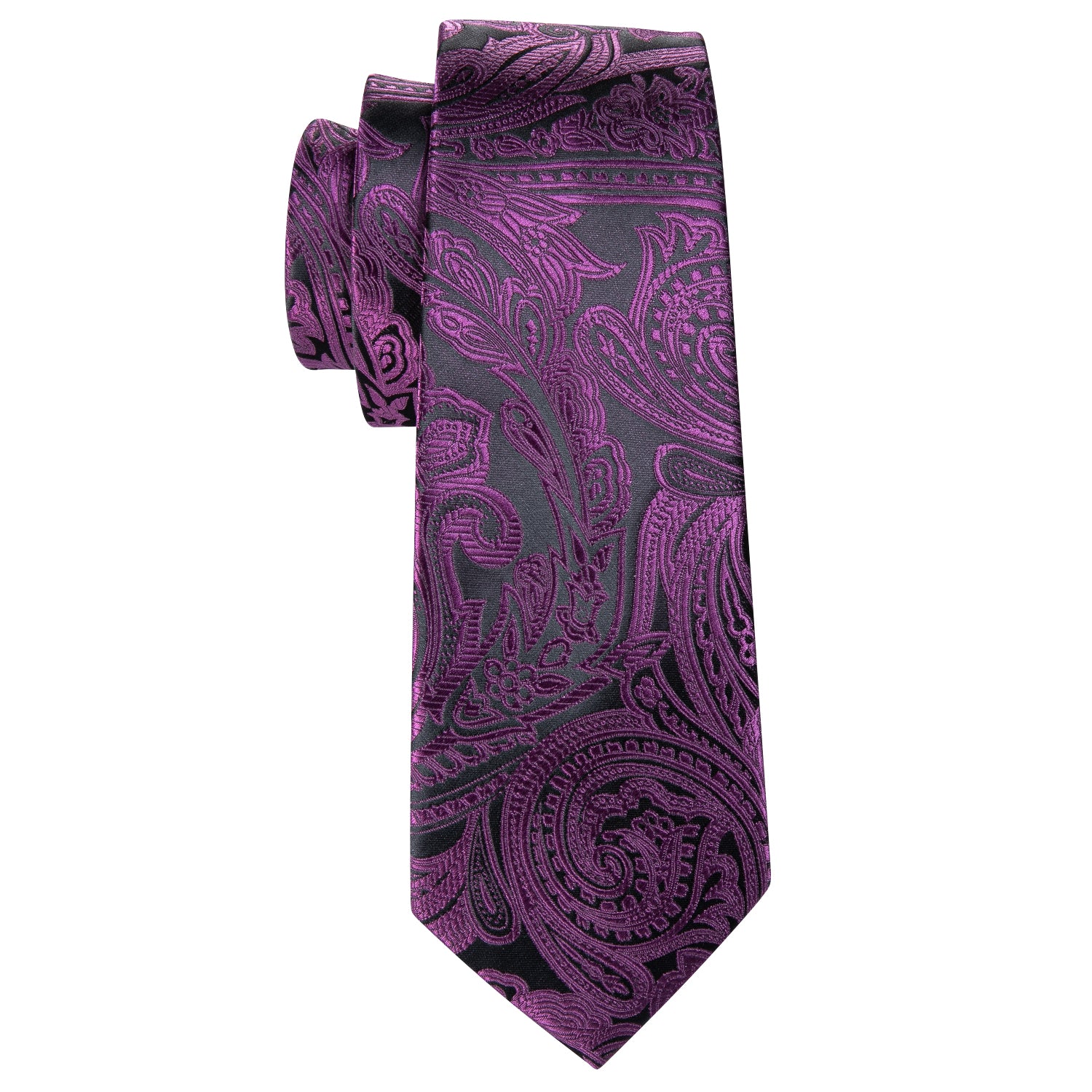 Black Purple Paisley Silk Necktie Pocket Square Cufflinks Set