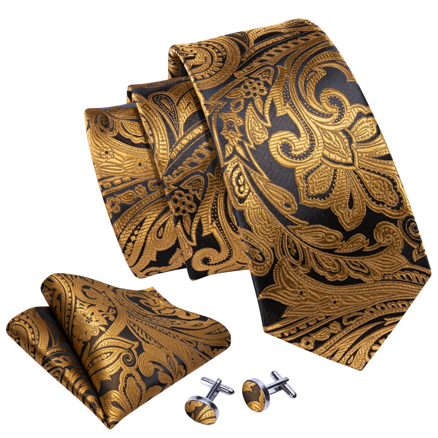 Black Golden Paisley Silk Necktie Pocket Square Cufflinks Set