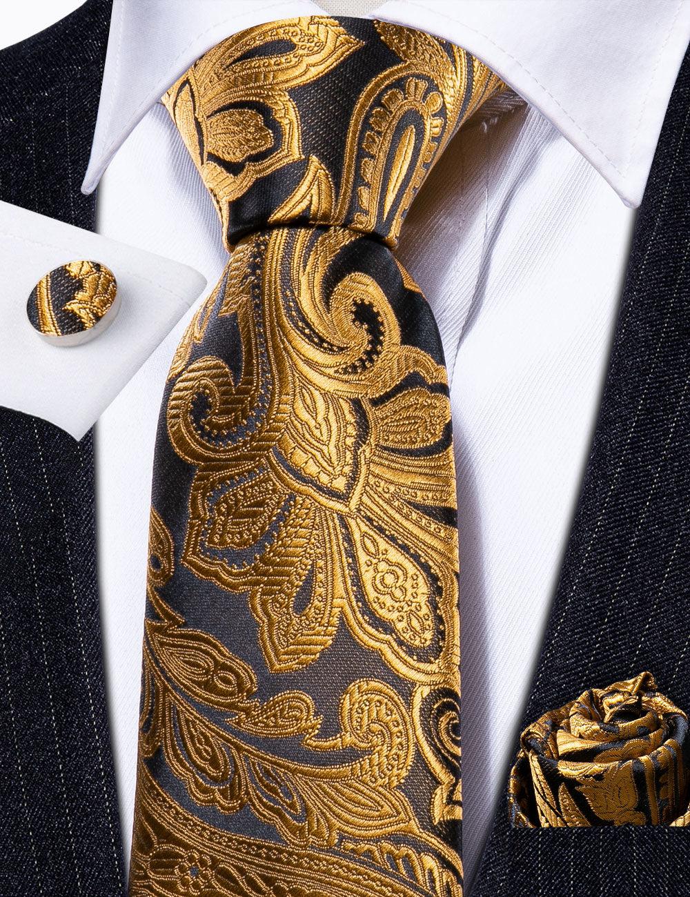 Black Golden Paisley Silk Necktie Pocket Square Cufflinks Set