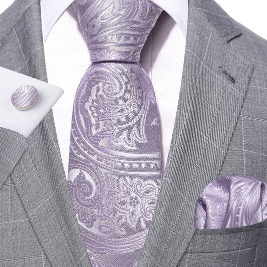 Barry. Wang Light Purple Paisley Silk Tie Hanky Cufflinks Set