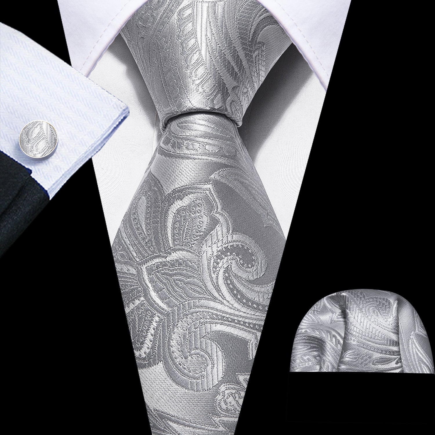 Silver Paisley Silk Tie Hanky Cufflinks Set