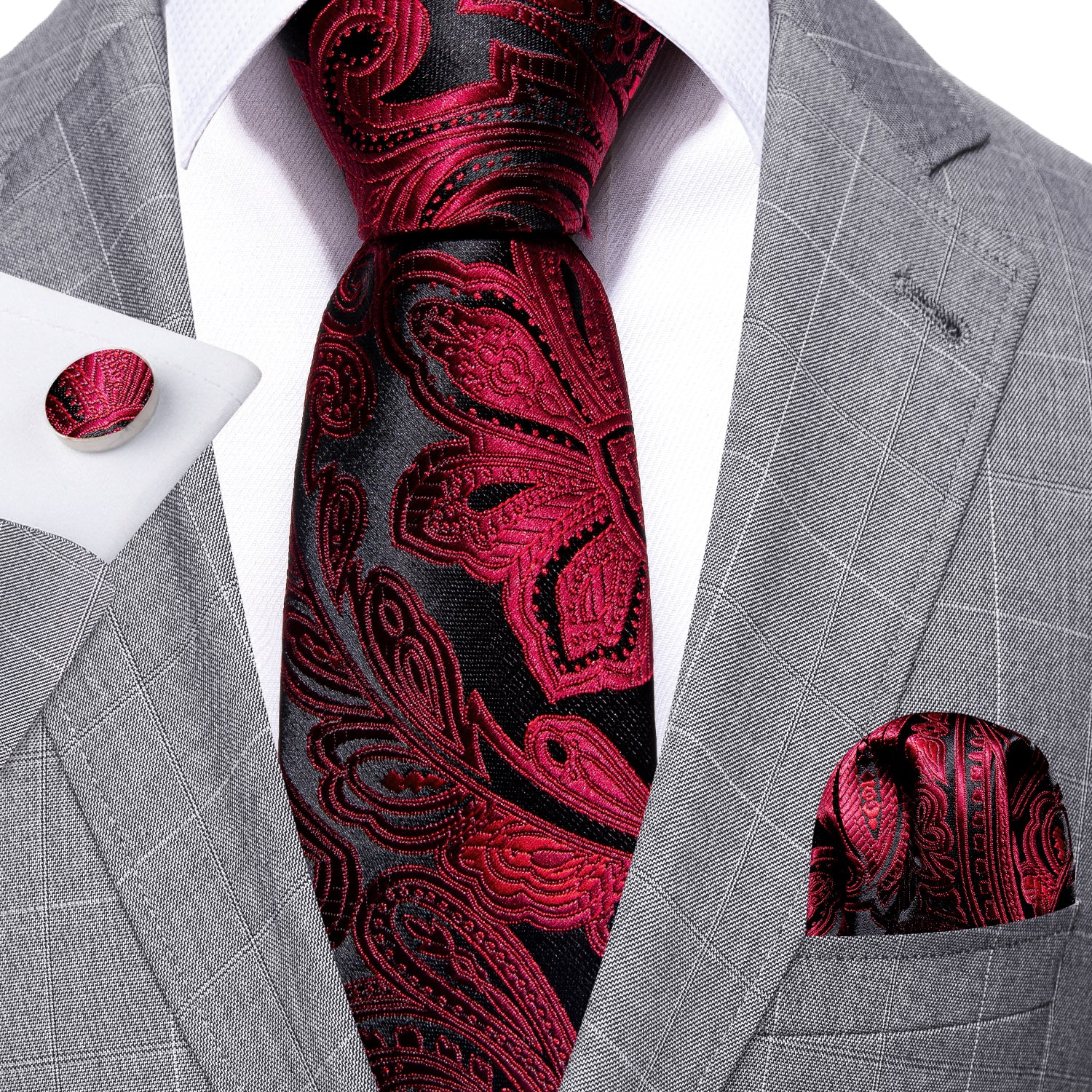 Barry. Wang Red Ties Black Paisley Silk Tie Handkerchief Cufflinks Set
