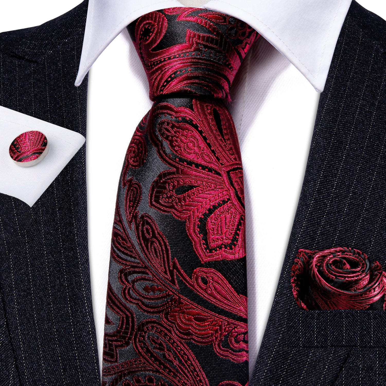 Red Black Paisley Silk Tie Handkerchief Cufflinks Set