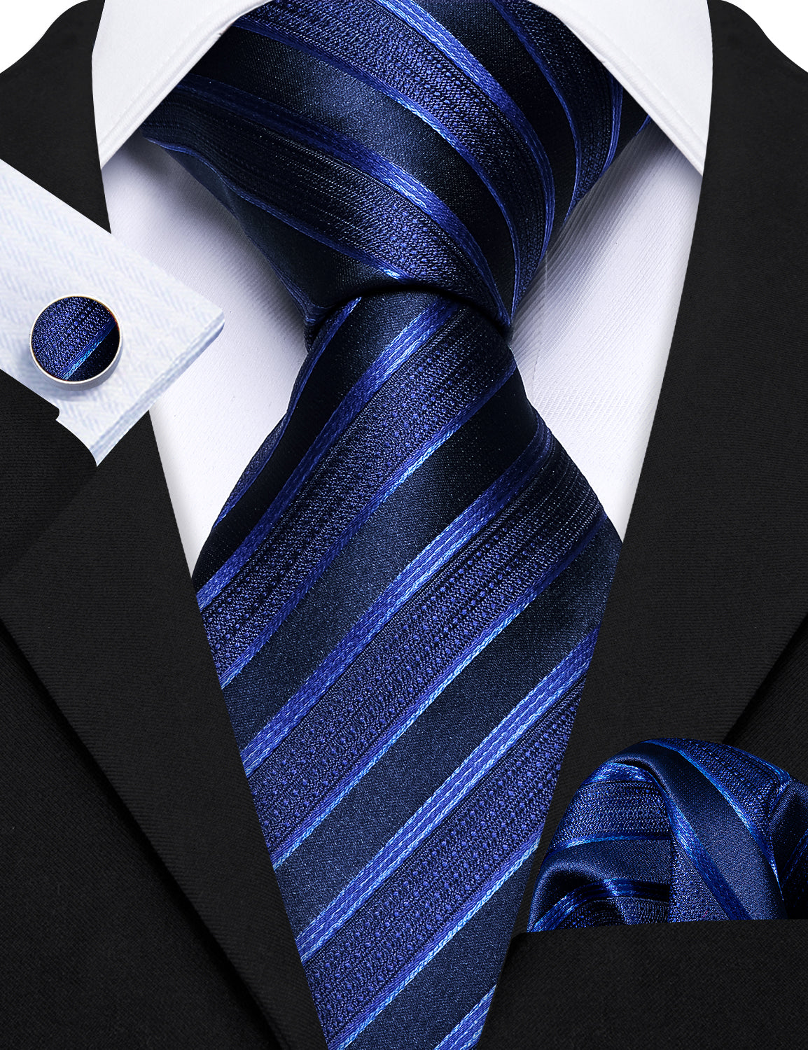 Barry. Wang Classy Blue Striped Men's Tie Pocket Square Cufflinks Set