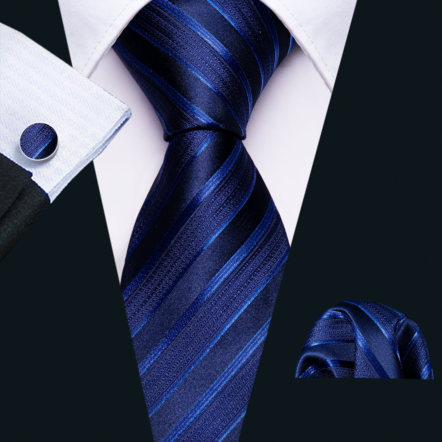 Classy Blue Striped Men's Tie Pocket Square Cufflinks Set