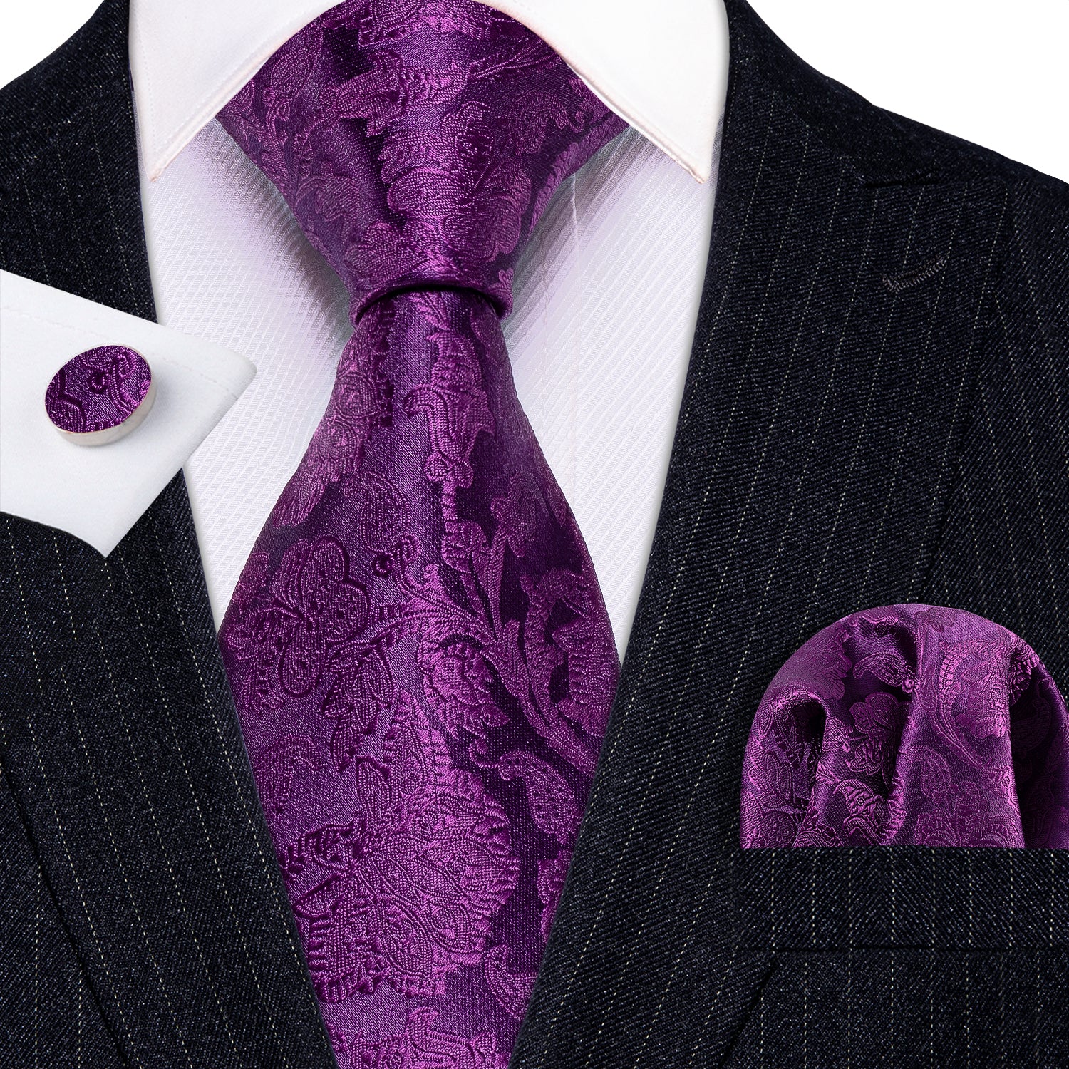 Barry.Wang Extra Long Tie Purple Floral Silk 63 Inches Tie Hanky Cufflinks Set