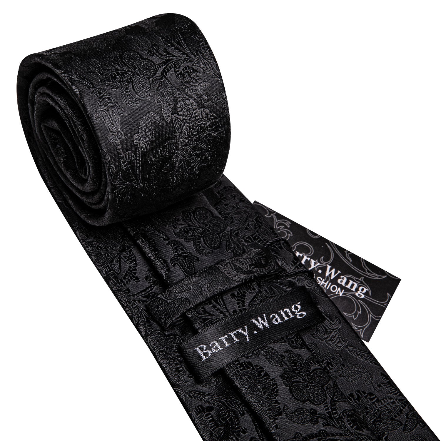 Barry Wang Necktie Black Floral 63 Inches Tie Hanky Cufflinks Set