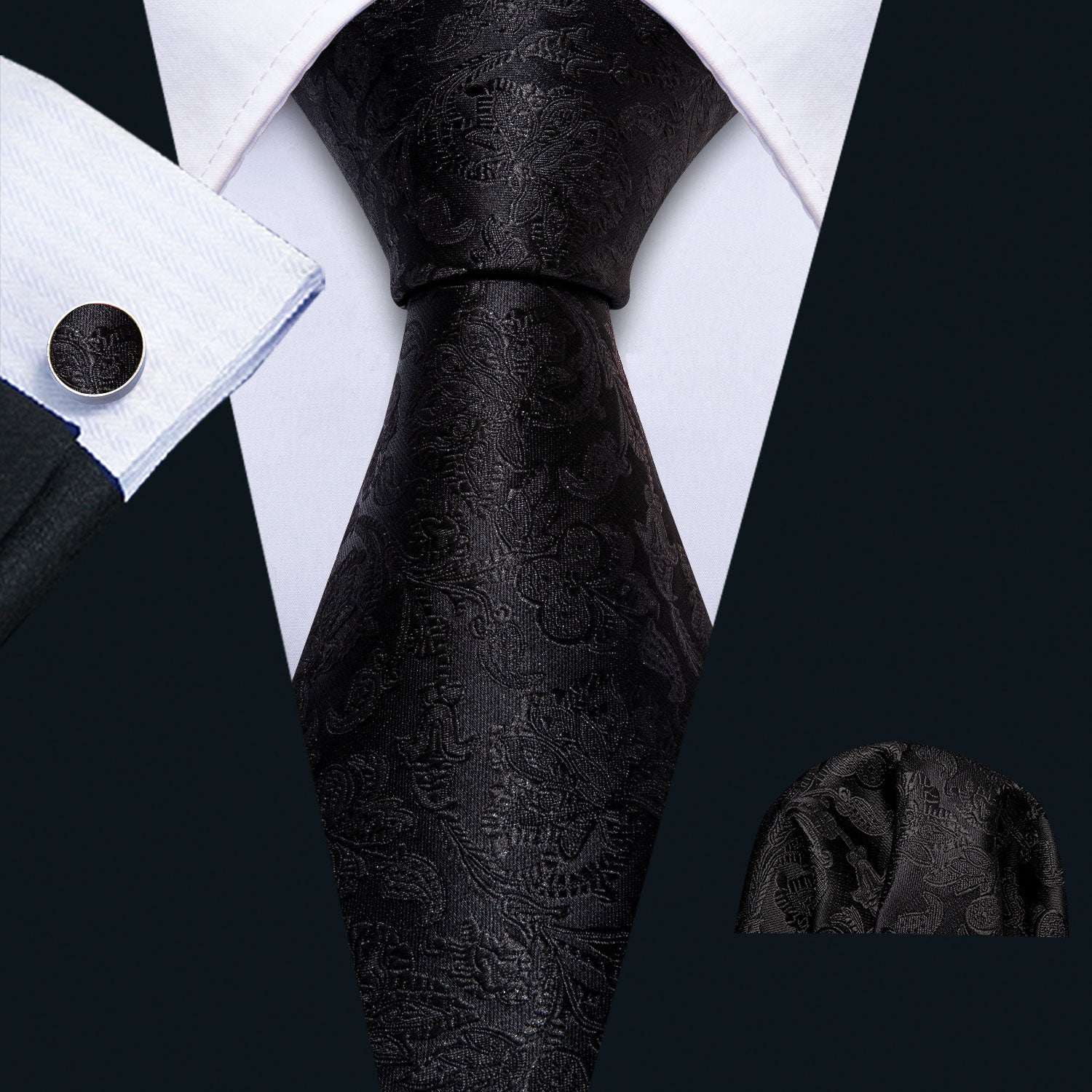 Black Floral 63 Inches Tie Hanky Cufflinks Set