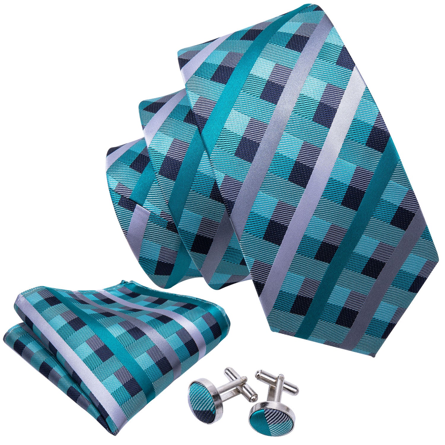 Teal Blue Checkered Men Necktie Pocket Square Cufflinks Set