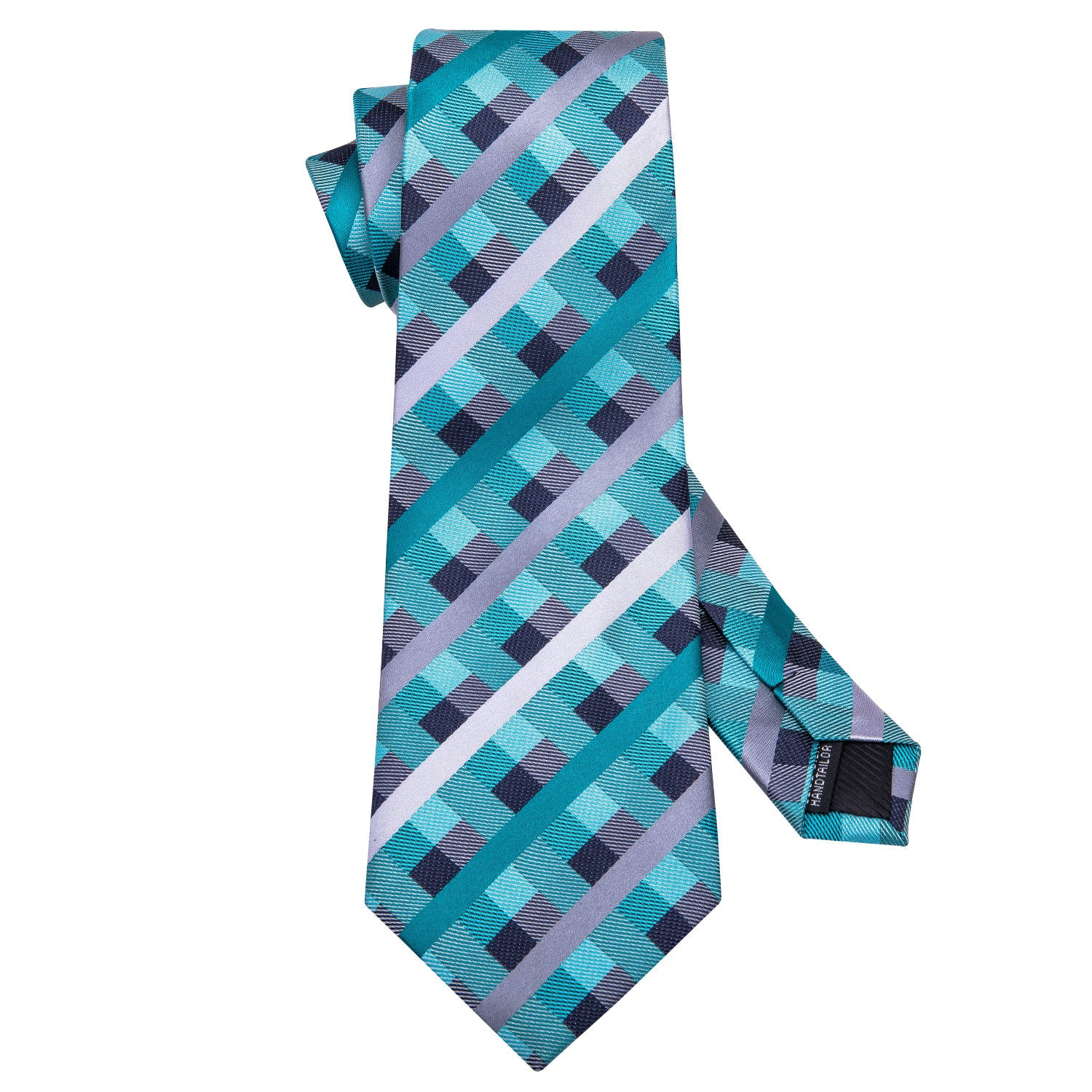 Teal Blue Checkered Men Necktie Pocket Square Cufflinks Set