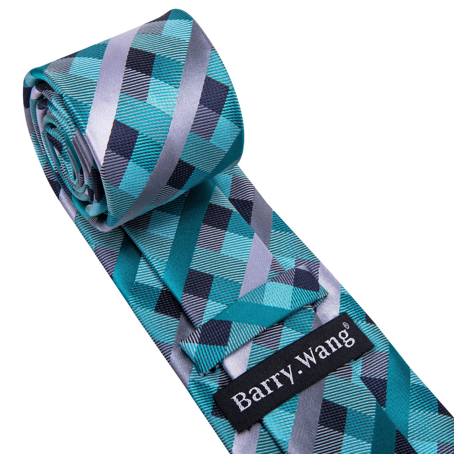 Teal Blue Checkered Men Necktie Pocket Square Cufflinks Set