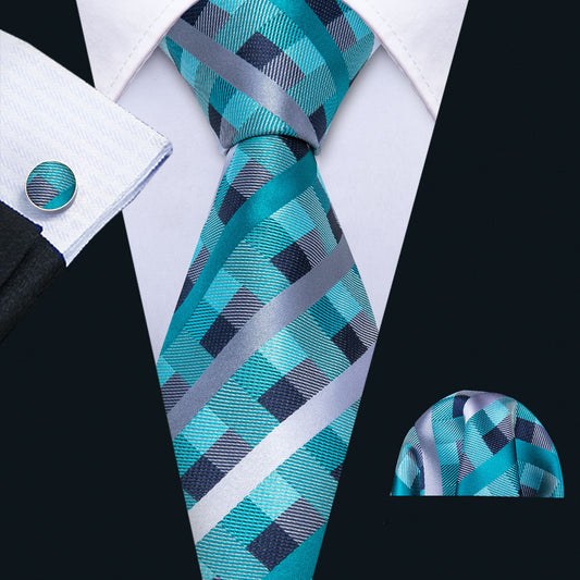 Teal Blue Checkered Men Necktie Pocket Square Cufflinks Set