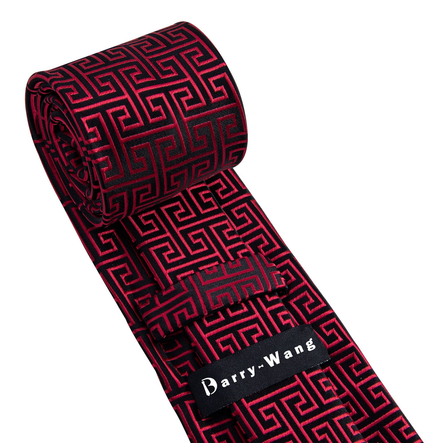 Black Red Geometric Novelty Silk Tie Pocket Square Cufflinks Set