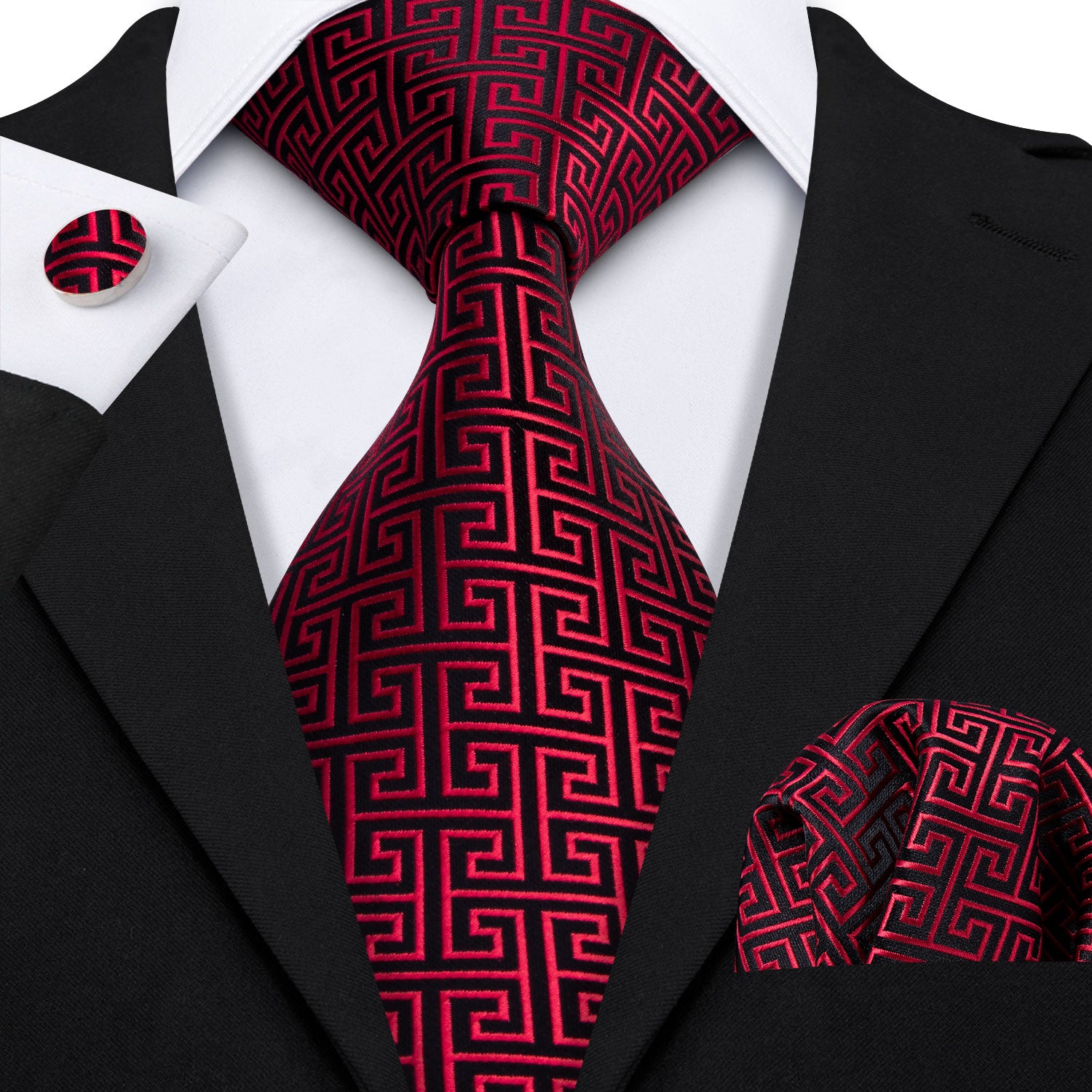 Black Red Geometric Novelty Silk Tie Pocket Square Cufflinks Set