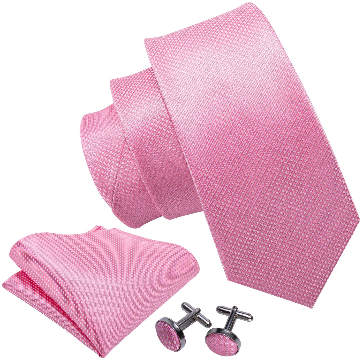 Pink Solid Silk Men's Necktie Pocket Square Cufflinks Set