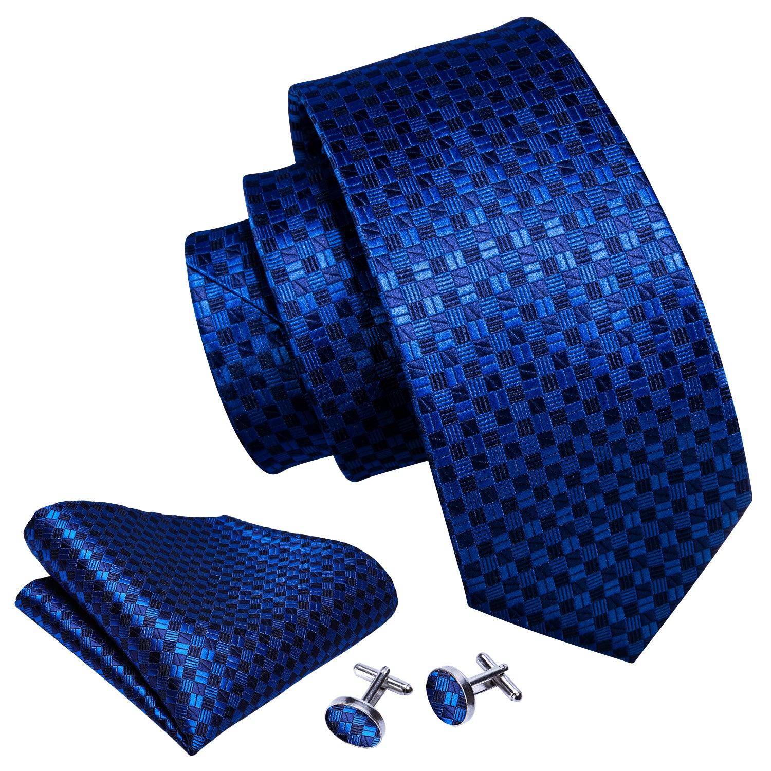  Blue Men Necktie Plaid Silk Tie Pocket Square Cufflinks Set