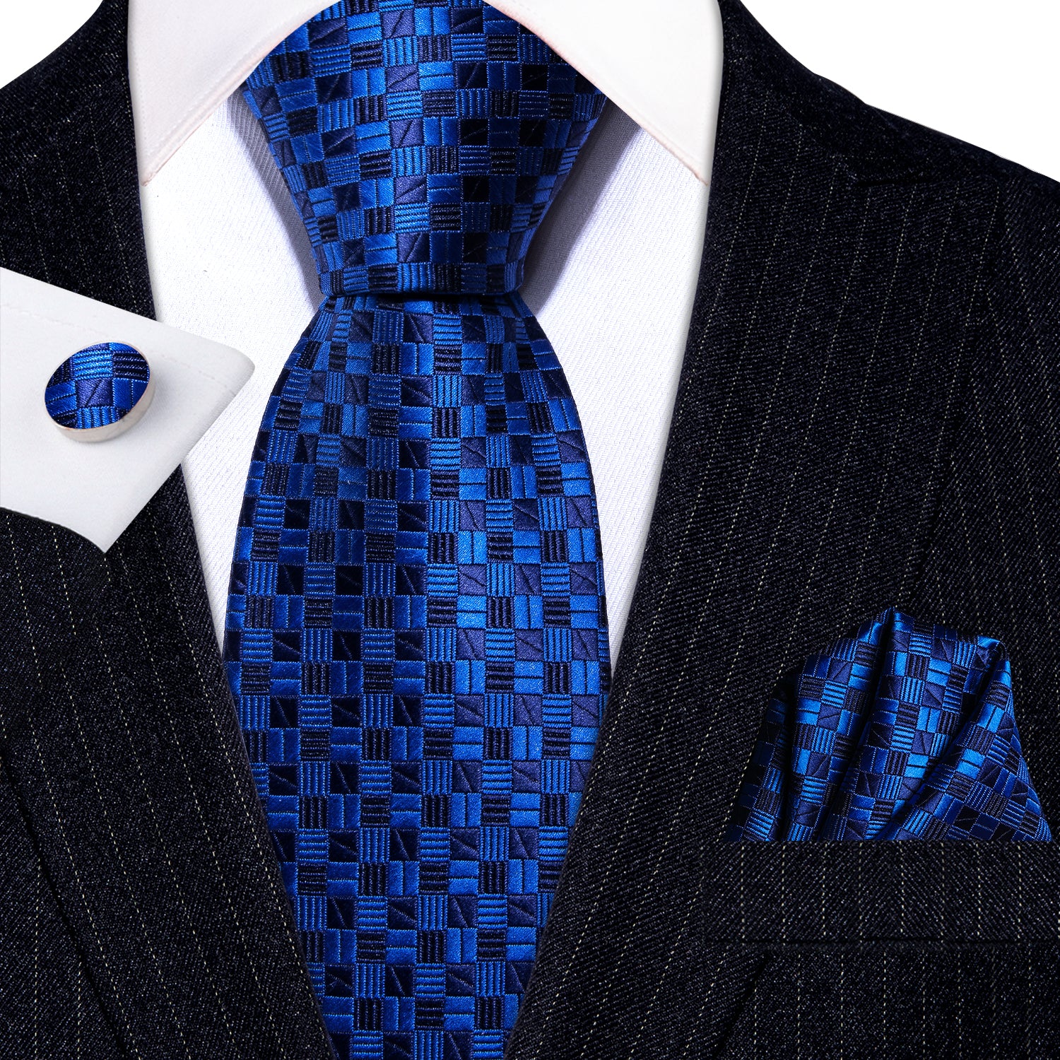  Blue Men Necktie Plaid Silk Tie Pocket Square Cufflinks Set